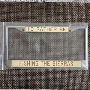 Novelty License Plate Frame "I'd Rather Be Fishing the Sierras" - Cream & Red